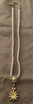 Vintage 16” Pearl Beaded Necklace With Attached Pendant 1.75” Long .5” Wide - £8.96 GBP