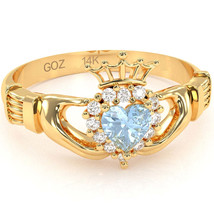 Claddagh Aquamarine Diamond Ring In Solid 14k Yellow Gold - £485.96 GBP