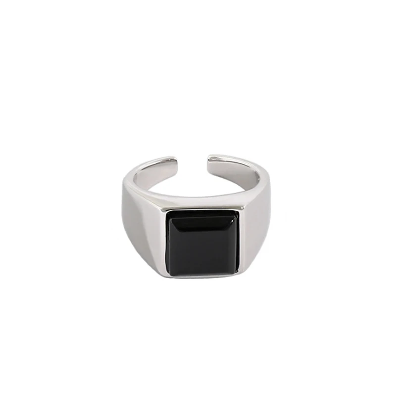 F.I.N.S Korean Simple S925  Silver Ring Geometric Square Black Stone Joi... - $36.58