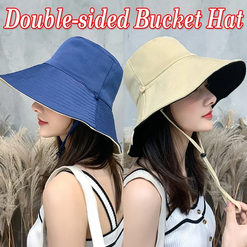Double-sided Foldable Bucket Hats For Women Fashion Big Brim Solid Color - £11.99 GBP