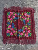 Burgundy red floral scarf, vintage square fringed headscarf, traditional... - $25.00