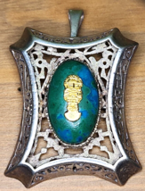 Peruvian ATUMI Shadow Box Brooch Pendant 925 Sterling 18K Gold Chrysocolla Stone - $258.41