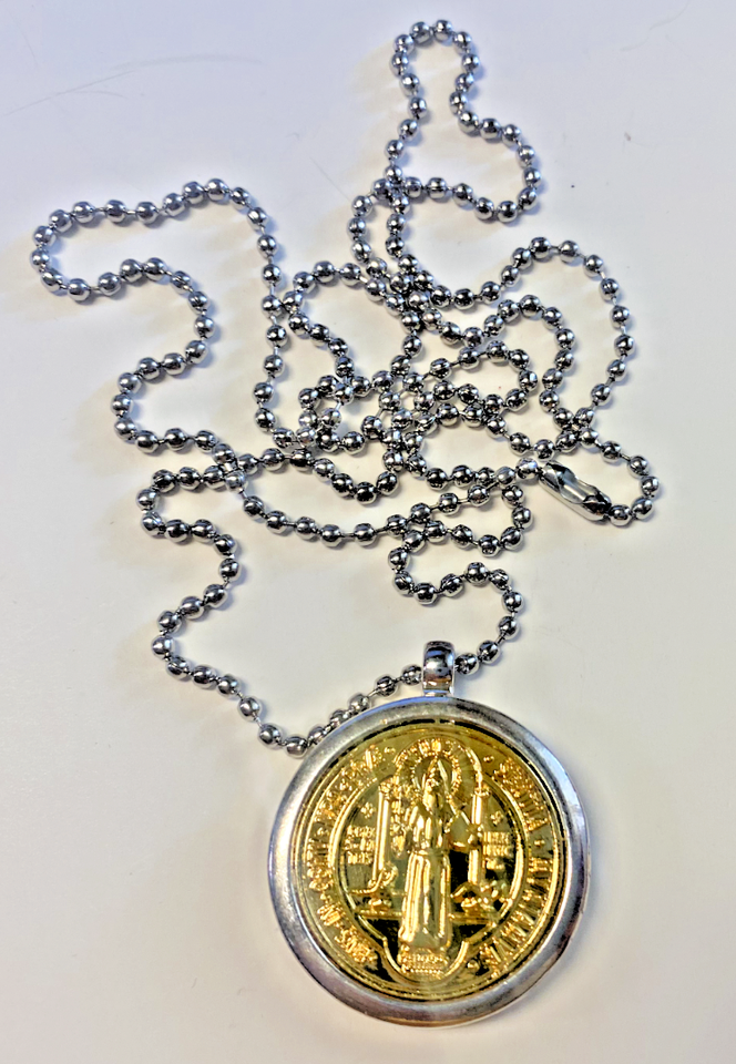 Saint Benedict 2 tone Medal Locket 28" Necklace,  New #AB-049