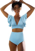 SPORLIKE Women&#39;s Light Blue Two-Piece Ruffle High Waist Swimsuit - Size: M - $18.40