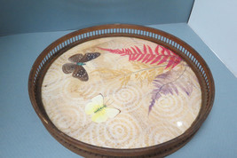 Vintage MCM 11&quot; Bamboo Round Butterflies Ferns Under Glass Drink Serving Tray - £9.61 GBP