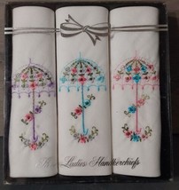 Vintage Ladies Embroidered Umbrellas Handkerchiefs New In Box 11x11 Cotton - £14.79 GBP
