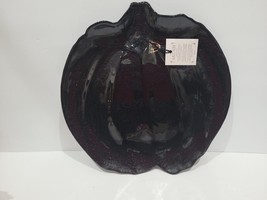 Halloween Akcam Art Glass Black Pumpkin Shaped Decorative Plate 11&quot; NEW - $26.72