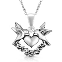 Sweet Romance Sterling Silver Lovebirds Heart and Flowers Pendant Necklace - £16.83 GBP