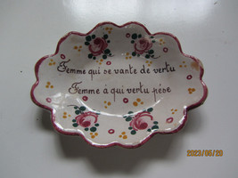 Vintage French Pottery Trinket Hair Pin Holder Read Femme Qui Se Vante De Vertu - £7.85 GBP