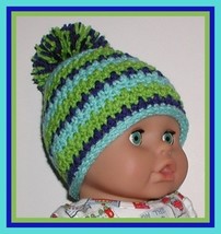 Apple Lime Green Baby Hat Boys Aqua And Royal Blue 3-12 Months Beanie Stripes - £9.62 GBP