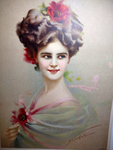 Victorian Art Print Red Flower Lady Artist Signed Knoefel Gray Litho Co NY 1910 - $44.18