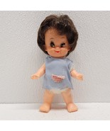 Vintage Plastic Small Girl Doll Funny Face Dark Brown Hair Eyelashes Gre... - $17.73