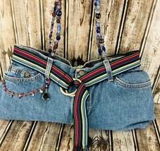 Embellished Denim Jeans Purse Beads Ribbon Belt Double Handle Shoulder Bag Tote - £31.96 GBP