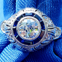 Earth mined Diamond Sapphire Antique Engagement Ring Art Deco Platinum Solitaire - $8,450.25