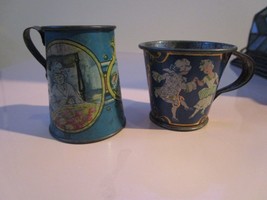 ANTIQUE 2 TIN CUPS 1 3/4&quot; TALL AND 2&quot; TALL TRANSFERWARE - $80.18