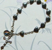  Rosary BRACELET - Heart Shaped Hematite bead &amp; Divine Mercy medal - 8 m... - $4.75