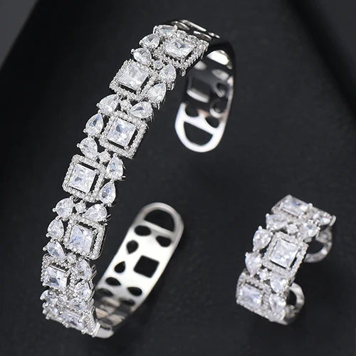 Deluxe Full Cubic Zircon Bangle Cuff Bracelet Ring Set Geometry Saudi Arabia Wed - £37.16 GBP