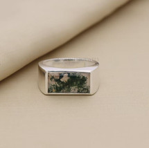 Natural Moss Agate Ring, Mens Aquatic Gemstone 925 Silver Handmade Rings - £63.14 GBP