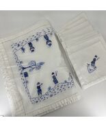 VNTG Asian Chinoiserie Hand Embroidered Blue Shades White Linen 8Placema... - $745.99 MXN