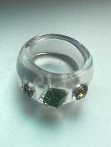 Vintage Thick Clear Plastic w Emerald Green &amp; Round Clear &amp; Orange Rhinestone  - £11.72 GBP