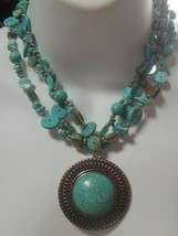 Vintage Silver-tone Trip-Strand Faux Turquoise &amp; Shell Pendant Necklace - £42.88 GBP