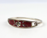 Vintage .925 Mexico Abalone White Flower Red Enamel Inlay Cuff Bracelet  - $23.75