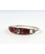 Vintage .925 Mexico Abalone White Flower Red Enamel Inlay Cuff Bracelet  - £18.68 GBP