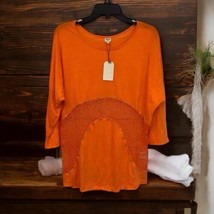 UNIQ orange mesh Inset 3/4 sleeve top T Shirt Women’s Size L Large - $14.10
