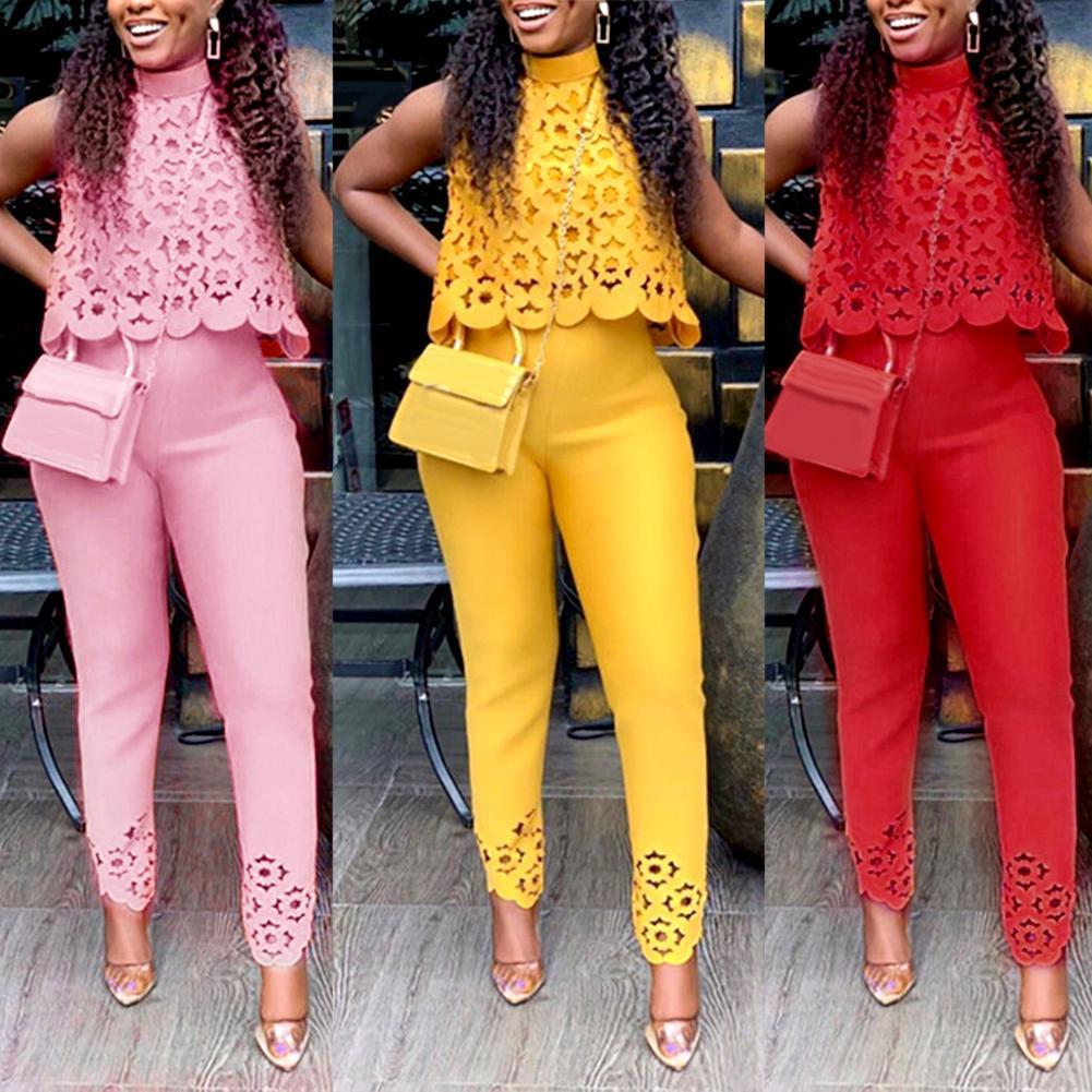Hollow Lace Sleeveless Pullovers Crop Top Long Pants - $29.95
