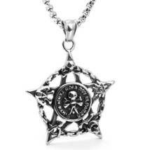 Men&#39;s Silver Pentagram Pirate Skull Pendant Necklace Punk Rock Biker Jewelry 24&quot; - £9.49 GBP