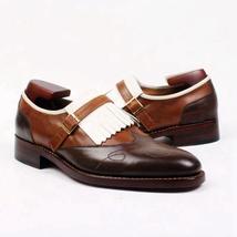Handmade men three tone shoes, men wingtip shoes with fringes, dress formal shoe - £119.61 GBP