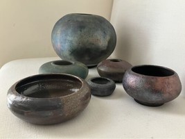 Vintage Raku Art Pottery Iridescent Metallic Vase Bowl Dish Lot (6) - £224.18 GBP