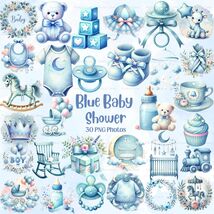 Blue Baby Shower Clipart Bundle: 30 Watercolor PNGs (Digital Download) - $2.95 CAD