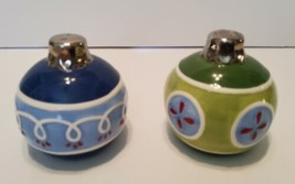 Christmas Bulb Ornaments Salt &amp; Pepper Shakers Green Blue Stoppers Ceram... - £12.59 GBP