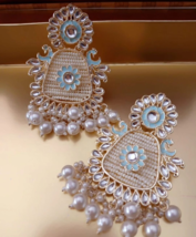 Indiano Placcato Oro Bollywood Stile Perla Orecchini Blu Long Kundan Gioielli Di - £37.62 GBP