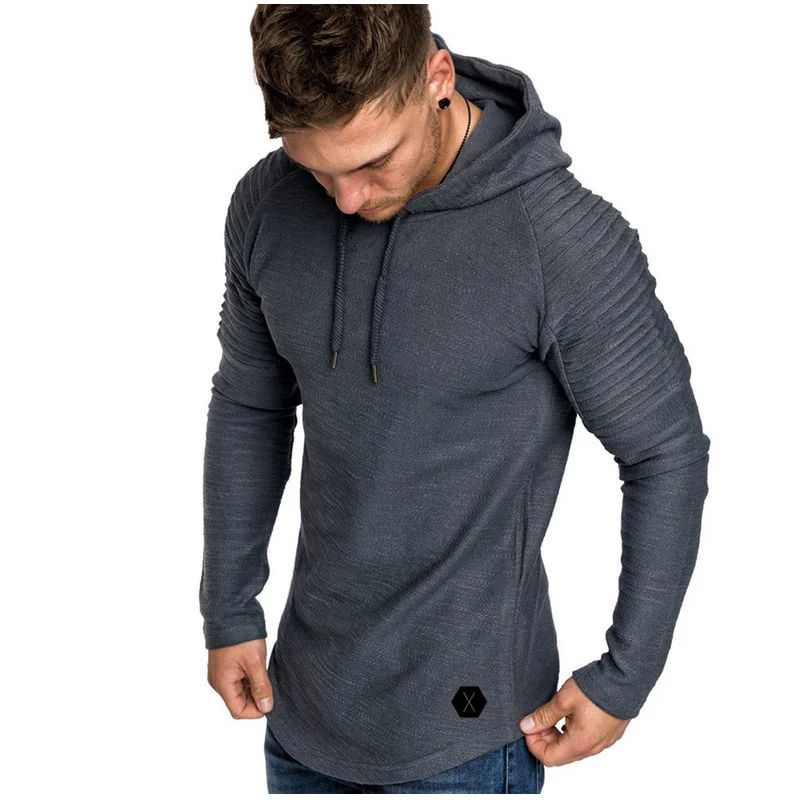 Men&#39;s slim slim Solid color Hooded Long sleeve T-shirt Striped pleated cuff cap  - £30.64 GBP