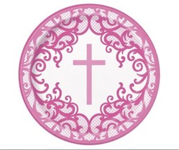 Fancy Pink Cross 8 Ct 9" Lunch Plates Baptism Confirmation Church - £3.15 GBP