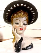 Vintage Lady Head Vase S348B Napco  7&quot; Hat Polka Dots Bow Black White - $98.01