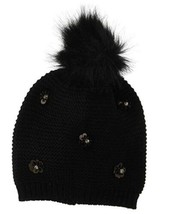 NEW Collection XIIX Women&#39;s Dotty Floral Beanie Black Hat Hood Winter Pom Pom - £9.48 GBP