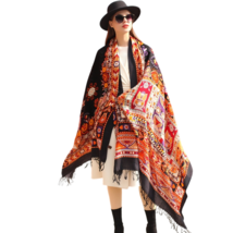 Anyyou 100% Merino Wool Orange Multipatterns  Silk Satin Large Winter Scarf - $101.50