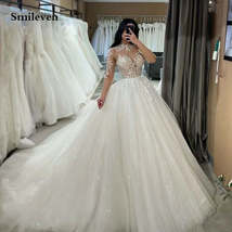 Smileven Long Sleeve Lace Wedding Dresses A Line High Neck Shiny Appliques Brida - £1,099.21 GBP+