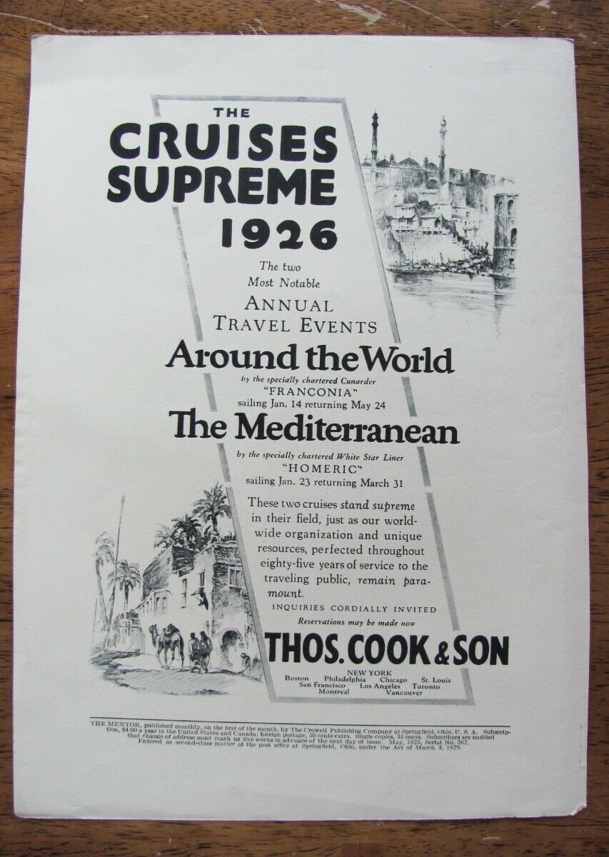 1925 Vintage Print Ad THOMAS COOK &amp; SON Ocean Liner Ship Mediterranean C... - $5.95