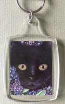Small Cat Art Keychain - Black Cat with Forget-Me-Nots - $8.00
