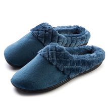 Women&#39;s Velour Blue Slippers Memory Foam Clog Quilted Faux Fur Collar - XXL - £32.15 GBP