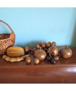 Vtg MCM 8 Hand Carved Wood Wooden Fruit Pieces w Basket Retro Natural Decor - $34.65