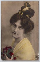 RPPC Pretty Woman In Yellow with Red Flowers Hand Colored 1908 Postcard G22 - £7.79 GBP