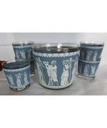 Jeanette Glass Grecian Hellenic Wedgewood Blue Ice Bucket 5 Glasses - £23.69 GBP