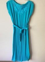 Vintage socialite teal blue sheer cap sleeve pleated skirt dress 20&quot; bust Medium - £27.92 GBP