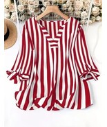 White and Red Stiped Spring or Summer V Neck Mid Sleeve Long Plus Size Top - $47.95
