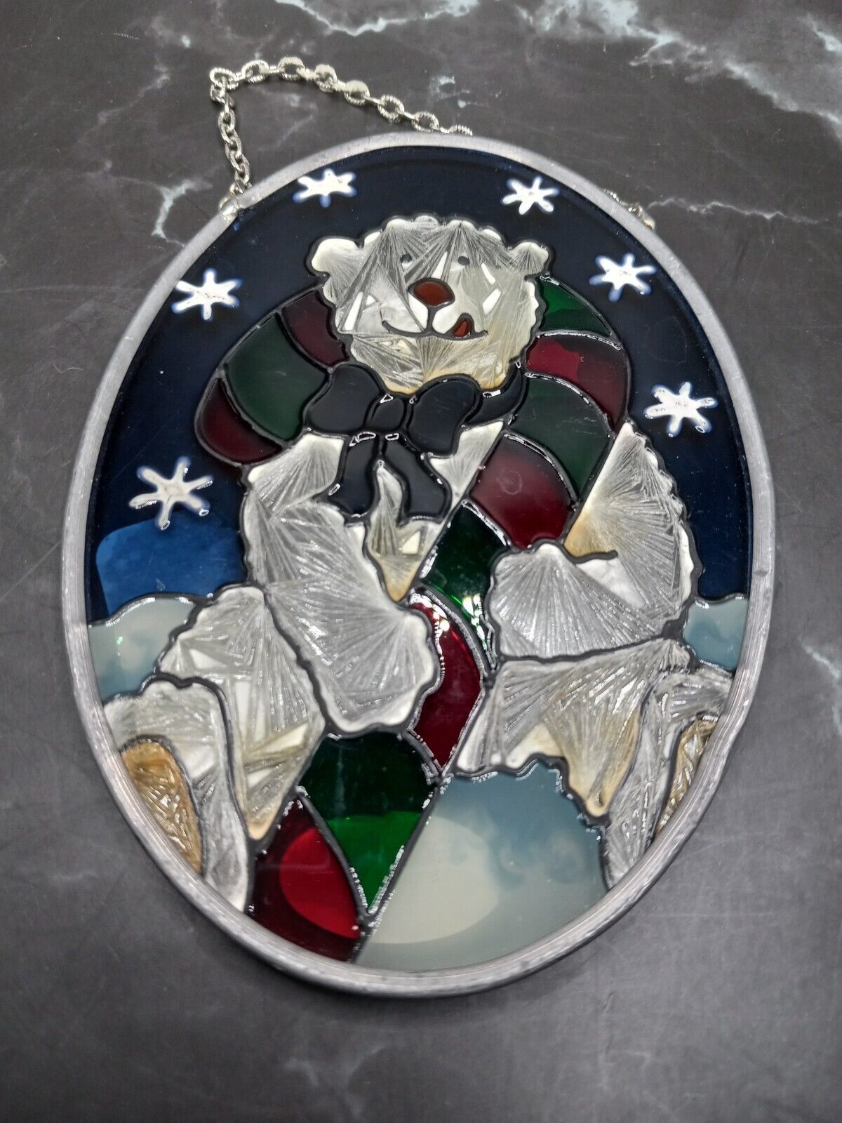 Vintage Joan Baker Christmas Bear Candy Cane Stained Glass Suncatcher - $12.99